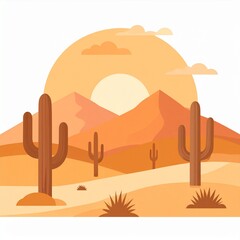 Naklejka premium Desert Landscape with Cacti and Mountains at Sunset Illustration.