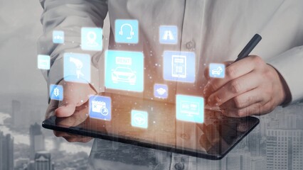 Online car rental service with booking, GPS, key handover and vehicle sharing icons representing modern mobility, travel convenience and digital rental platforms. Funnel