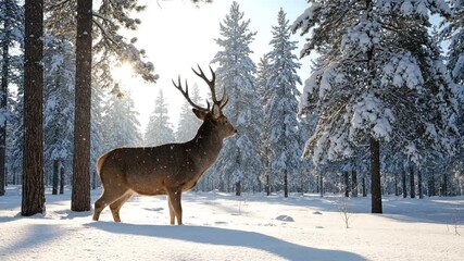 Deer standing in snowy winter forest landscape