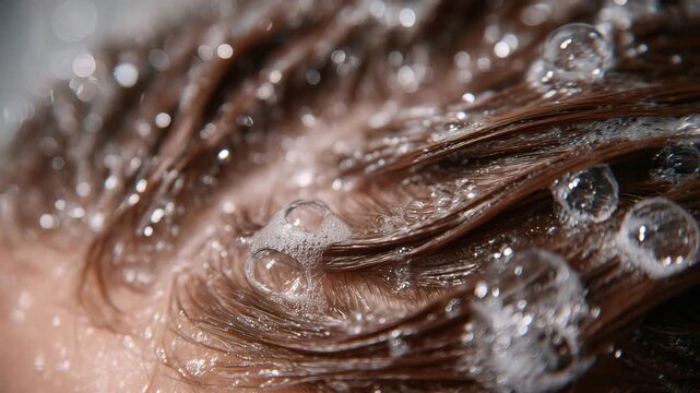 Macro of wet hair being massaged with shampoo, gentle lather forming, water droplets glistening, highlighting the beauty of hair strands