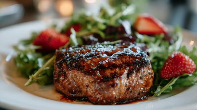 Macro shot capturing the juicy texture of grilled steak alongside crisp lettuce leaves and ripe strawberries, beautifully arranged on a spotless white plate