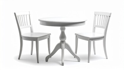 Fototapeta premium White pedestal table with two classic white chairs featuring curved legs and cross-back design.