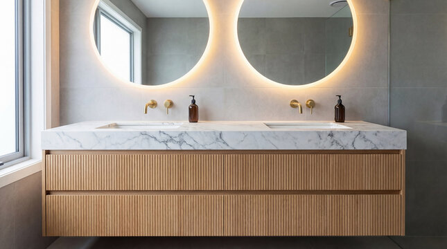 Modern double vanity with a white marble top and fluted wooden cabinetry. Two round backlit mirrors and gold fixtures in a luxury grey bathroom interior.