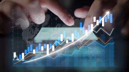 Hands interact with a digital touchscreen displaying a graph of growing financial data, highlighting key trends and insights for market analysis and business growth. Copula