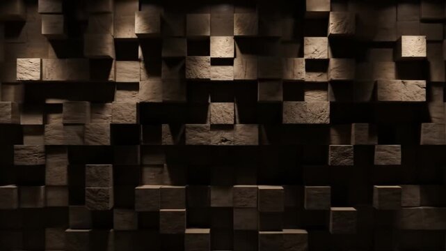A textured wall composed of layered, geometric square blocks with varying lighting and shadows