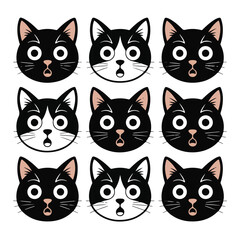 Cute black cat faces vector illustration cartoon black cats face surprised sad happy expressions on transparent background with copy space 180