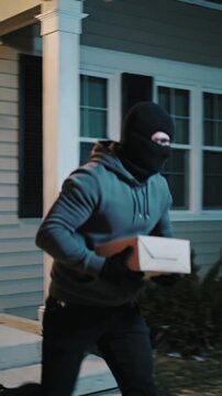 Masked man steal a package off a homes porch and runs away