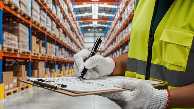 Warehouse worker inspects inventory using a clipboard and pen