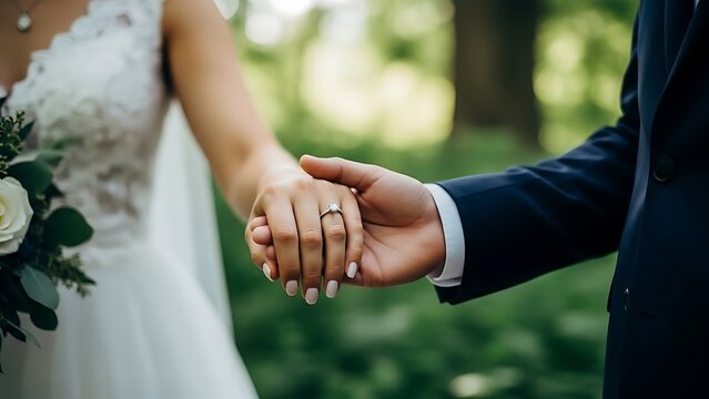 Happy valentines day romantic wedding couple holding hands in love