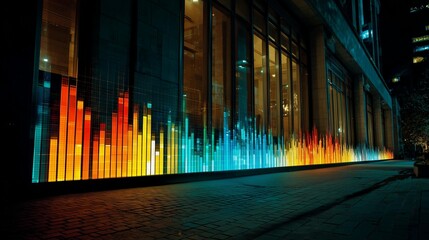 Colorful light installation in urban environment at night with reflections and modern architecture