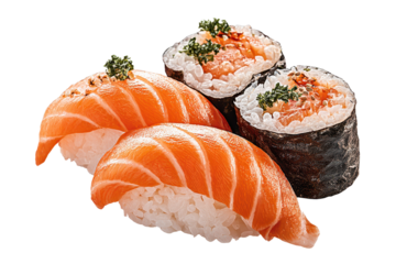 Sushi rolls and nigiri served on a plain background with alternating fish and rice arrangements
