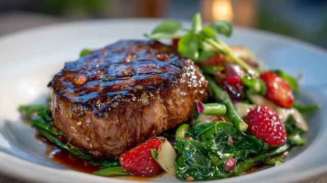 Restaurant-style plating of grilled steak with fresh greens and sweet strawberries, resting on a white plate with soft highlights emphasizing vibrant, natural colors