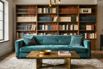A teal velvet sofa in a library room with a wooden bookshelf filled with books, a wooden coffee table with a bowl and magazines, and a large window. © f_bossa