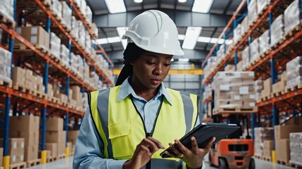 Warehouse worker inspects inventory using digital tablet - Powered by Adobe