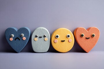 A colorful conceptual illustration depicting varied emotions through cute heart and circle-shaped characters on a purple background.