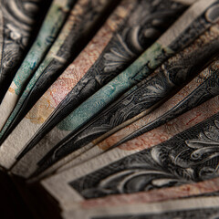 Money Fan: Close-up of American dollar bills fanned out, showcasing their intricate designs and textures. The image evokes themes of finance, commerce, and wealth.