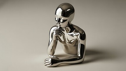 Polished chrome sculpture of a pensive figure resting its chin on its hand against a neutral background
