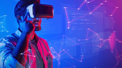 A person experiencing virtual reality with a headset in a vibrant digital space, highlighting modern technology role in user engagement and immersive activities. Raster