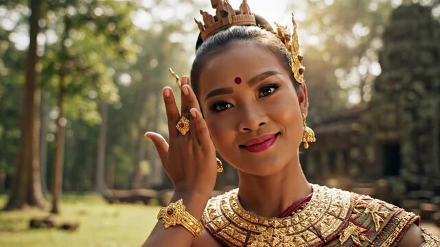 Graceful Cambodian Dancer in Traditional Attire Performing Against Lush Temple Ruins Background