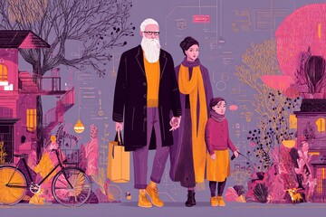 This is an illustration of a modern family walking in a colorful and stylized city environment.