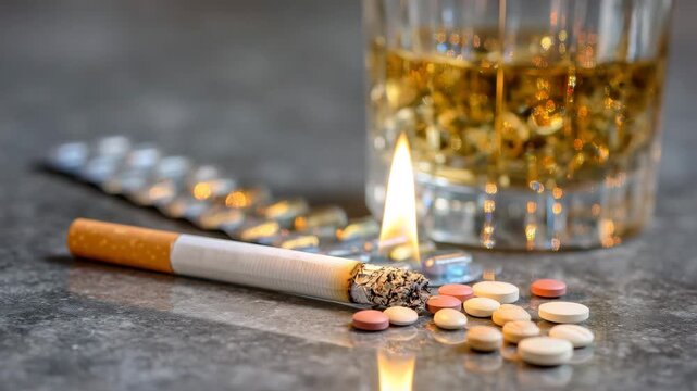 Studio-style composition featuring a cigarette lying parallel to a row of pills, glass of alcohol casting golden reflections onto the neutral gray background