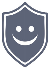 Happy Shield icon logo emblem, safety and security symbol with smiling face, flat vector design for positive protection