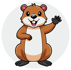 Smiling Cartoon Gopher Standing and Waving its Paw with Joyful Expression