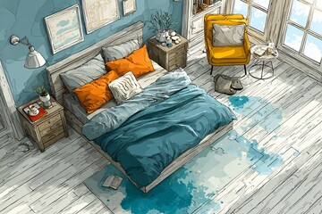 Cozy bedroom scene with a comfy bed, bright sunlight streaming through the windows, and stylish furniture, creating a peaceful atmosphere.