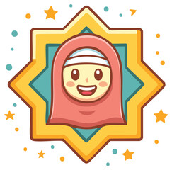 Cute Girl in Hijab Smiling Inside Islamic Star Frame Festive Cartoon