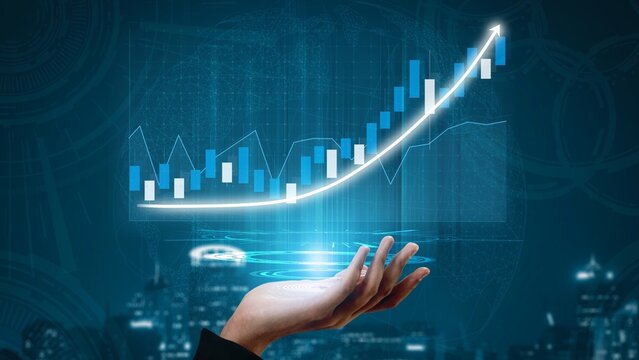 A hand presenting a virtual bar chart illustrates increasing growth with digital lines and a futuristic backdrop, symbolizing financial success and analytics. Copula - Powered by Adobe