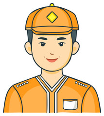 Illustration of a Smiling Asian Male Worker Wearing a Cap and Uniform with Badges and Pocket