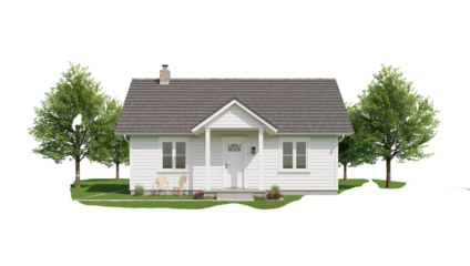 Small White House With a Gray Roof and a Front Porch Surrounded by Plants and Trees