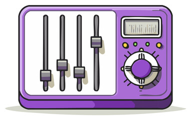 Cartoon Illustration of a Purple Audio Mixer with Sliders and a Control Knob
