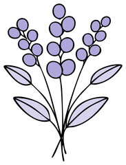 Simple line art illustration of a bouquet of purple flowers. Stylized botanical doodle drawing.