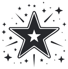Sparkling black star icon with shining outline and smaller inner star surrounded by radiant glitters