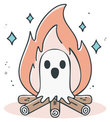 Cute Cartoon Ghost Emerging from a Magical Sparkling Campfire Illustration