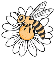 Charming cartoon honeybee pollinating a simple white daisy flower drawing