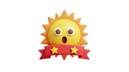 Surprised Sun with Ribbon and Stars on White Background