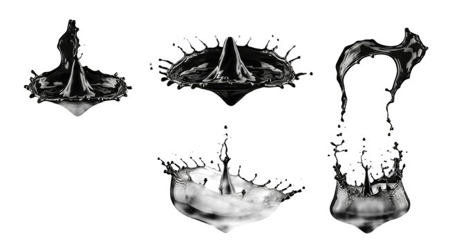 Six highly viscous black ink splashes suspended in ultra-high-speed motion, showcasing intricate fluid dynamics with coronas and micro-droplets, isolated against a vantablack background. Concept of