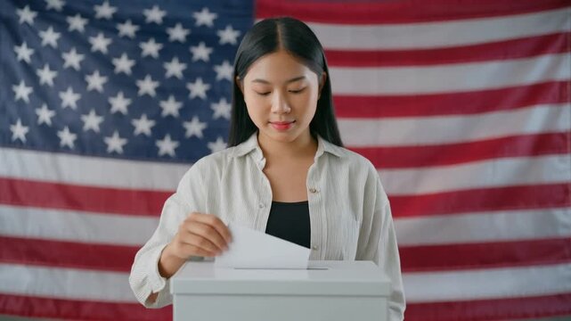 American Voter Casting Ballot for US Election with National Flag Background Democracy and Freedom Concept