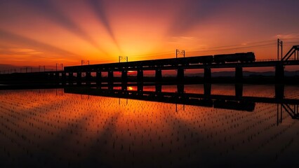 Sunset Overpass Reflection and Train Tracks