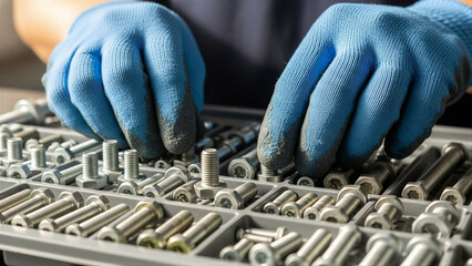 Gloved hands sorting nuts and bolts in organized storage