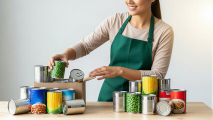 Woman smiling organizing canned food against white background