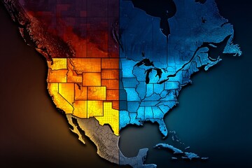 A stylized and contrasting map of the United States of America, divided into warm and cool regions.