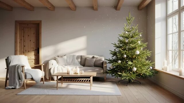 Animated Christmas tree in a cozy living room with soft lighting and falling snow, for holiday celebration.