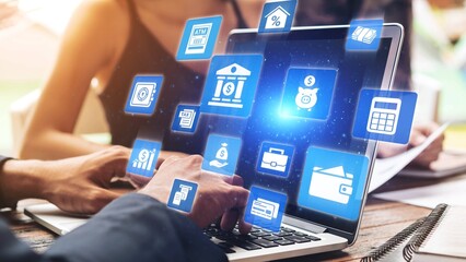 Finance icons show banking, finance investment, and financial planning. Finance supports money...