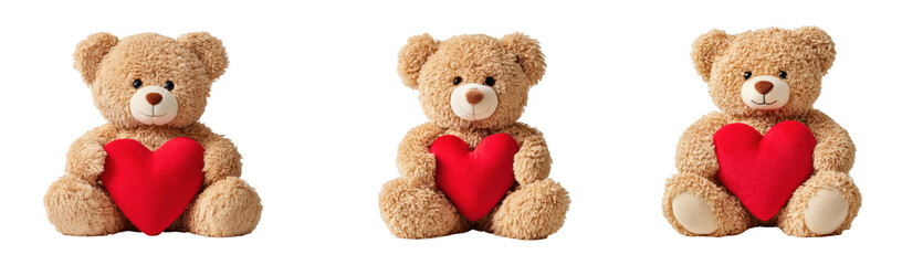 Obraz premium three adorable fluffy teddy bears holding red hearts displayed in a row perfect for designs on transparent background