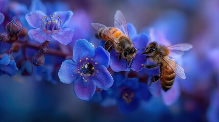 Two fuzzy honey insects gather nectar from intensely blue blossoms in a close up