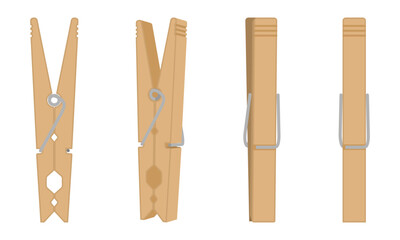 wooden clothespin set with different view, vector illustration isolated on white background.