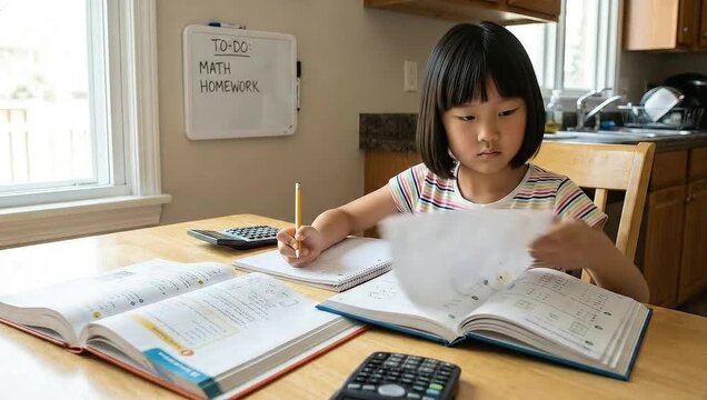 young girl doing math homework at wooden table with books and calculator